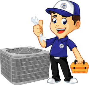 Image of cartoon HVAC technician with tools next to an outside unit - Fred's Heating and Air - Belton, TX